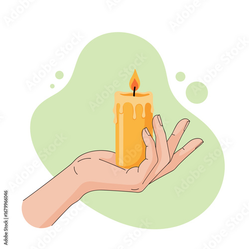Vector illustration of a hand holding a burning candle. A symbol of hope, prayer, light, and remembrance.