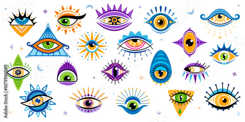 Magic doodle eyes or esoteric eyeballs for witchcraft occult and oracle providence, vector icons. Cartoon magical eyes or evil eyes with eyelashes for astrology, Tarot esoteric or sacred occult signs