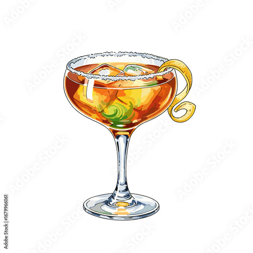 Hand drawn illustration of a classic cocktail in a coupe glass with a salted rim, ice, olives, and a lemon twist garnish.