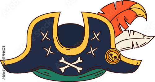 Cartoon groovy pirate hat, corsair and captain tricorn object. Isolated buccaneer, filibuster headgear, piracy costume. Vector cocked cap, seafarer headdress with feathers and jolly roger skull emblem