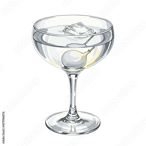 Gibson cocktail with a pearl onion garnish in a coupe glass. Vector illustration of a classic alcoholic drink on the rocks isolated on a white background.