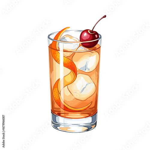 Classic cocktail with ice, orange peel twist, and cherry garnish in a highball glass. Vector illustration of a refreshing alcoholic beverage isolated on a white background.