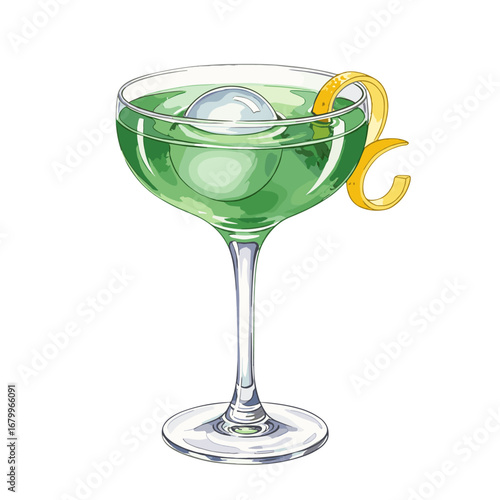 Green cocktail illustration in a coupe glass with a lemon twist and sphere ice cube. Isolated on a white background, hand drawn style.