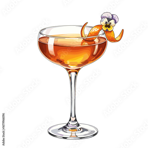 Illustrated amber cocktail in a coupe glass with an orange peel and pansy garnish. Isolated vector art of a classic alcoholic beverage on a white background.