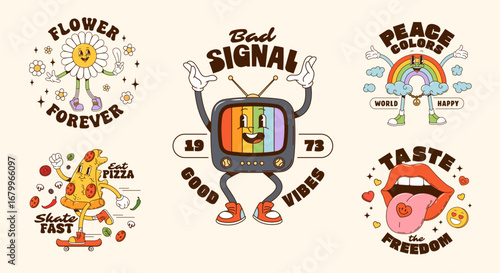Groovy cartoon characters shirt print and posters. Vector whimsical retro y2k personages pizza, tv, rainbow, flower and mouth, promoting fun messages like peace, good vibes, and freedom in 70s style