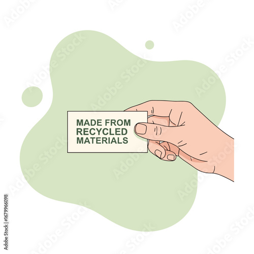 Hand holding a Made From Recycled Materials label. Vector illustration for sustainability, eco-friendly products, and conscious consumption.