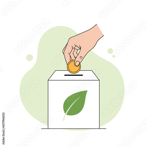 Hand putting a coin into a donation box with a green leaf symbol. Concept of charity for environmental protection, eco-friendly investment, and sustainability.