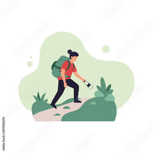 Vector illustration of a woman hiker picking up a plastic bottle from a trail. Concept of environmental conservation, volunteering, and cleaning up nature.