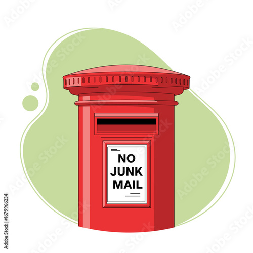 Red post box with a No Junk Mail sign. Vector illustration of a British pillar box. Concept of spam, unsolicited mail, and privacy.