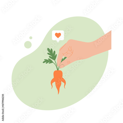 A human hand carefully picks a fresh orange carrot from the ground. A heart icon symbolizes love for gardening, organic farming, and healthy eating.
