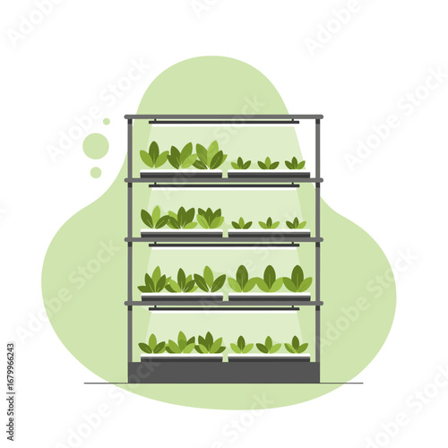 Vertical farming system with green plants growing on shelves under artificial lights. Modern urban agriculture and agritech concept illustration.