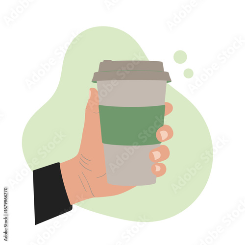 A person's hand holding a disposable paper cup of coffee or tea. Flat vector style illustration for a morning routine or coffee break concept.