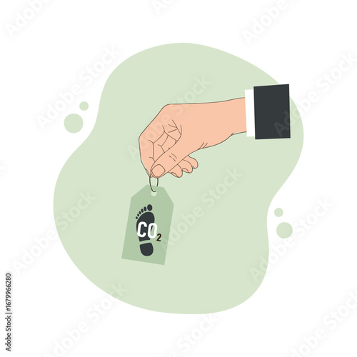 Illustration of a hand holding a carbon footprint tag with a CO2 symbol. Concept for corporate environmental responsibility, climate change, and sustainability.