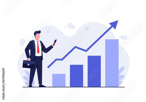 A businessman checks his phone near a rising bar graph with an upward trending arrow