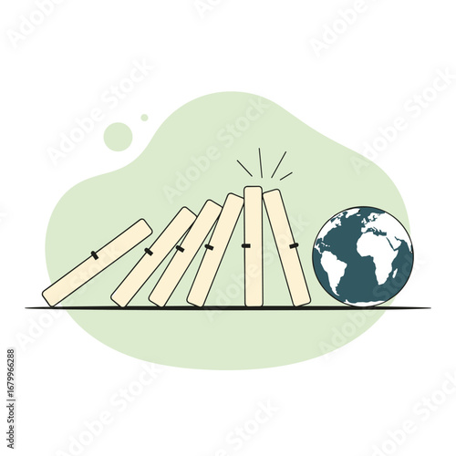 Domino effect concept with falling tiles hitting planet Earth. Global crisis, chain reaction, and worldwide consequences vector illustration.