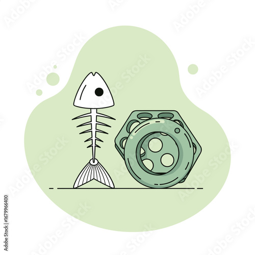 Vector illustration of a fish skeleton and plastic six-pack ring. A concept for ocean pollution and its impact on marine life.