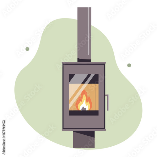 Modern wood burning stove with a cozy fire inside. Vector illustration of a contemporary fireplace for home heating and comfort.