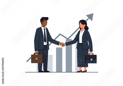 Business handshake with upward graph briefcasetoting people success