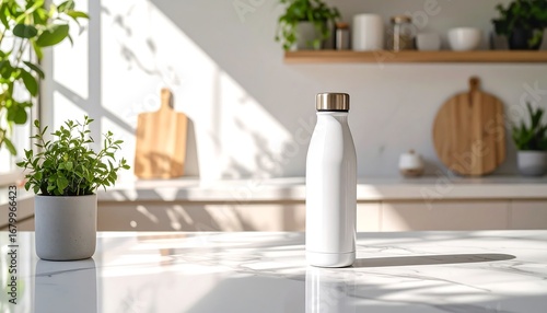 White water bottle on a kitchen countertop. Sunlight streams in through a window