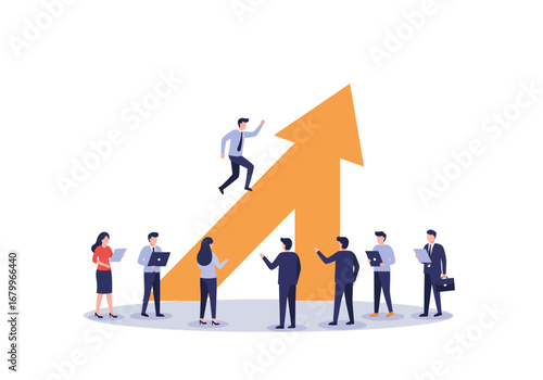 Business team under arrow symbol one climbing others watching