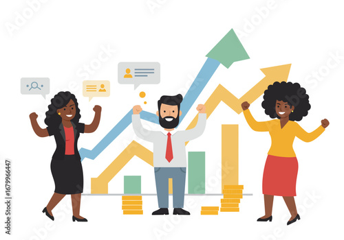 Business team celebrating success with upward trending graphs and coin stacks