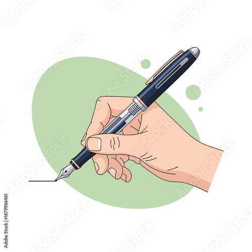 An illustration of a hand holding a classic fountain pen and writing a line. Vector art concept for signature, calligraphy, and education.