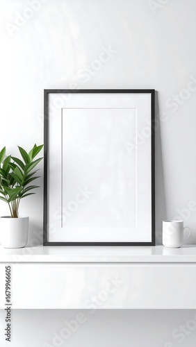 Wallpaper Mural Empty black framed picture, minimalist style, on a white shelf with potted plants. Torontodigital.ca