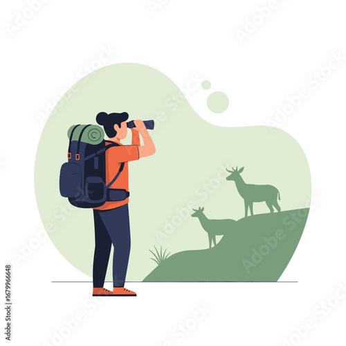 Female backpacker exploring nature and watching deer through binoculars. Flat design outdoor adventure concept.