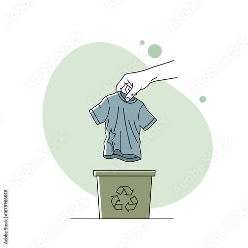Hand putting a torn t-shirt into a textile recycling bin. Sustainable fashion and clothing donation concept illustration.