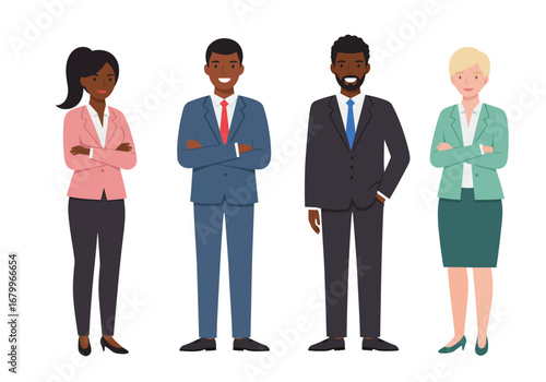Four people stand confidently in business attire arms crossed