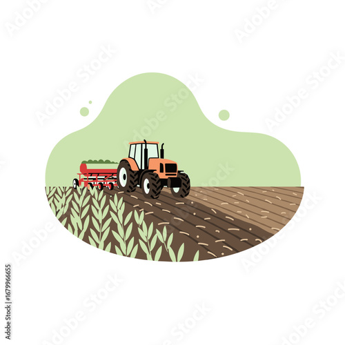 Vector illustration of a modern tractor cultivating and planting seeds on a farm field.
