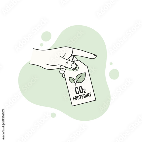 Hand holding a CO2 footprint tag. Concept illustration for carbon emissions, climate change, and environmental impact of products.