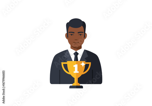 Man in suit holding a gold trophy with a number 1 and a star on it