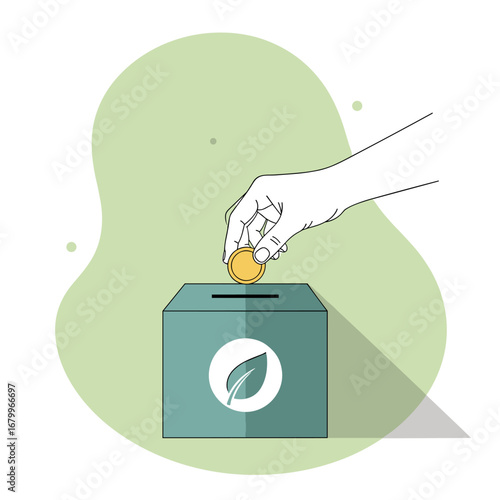 Vector illustration of a hand donating a coin to a green fund. Concept of eco-friendly charity and sustainable investment.