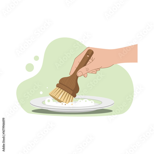 Hand washing a plate with a wooden dish brush. Illustration of a person doing household chores and cleaning dishes with soap and water.