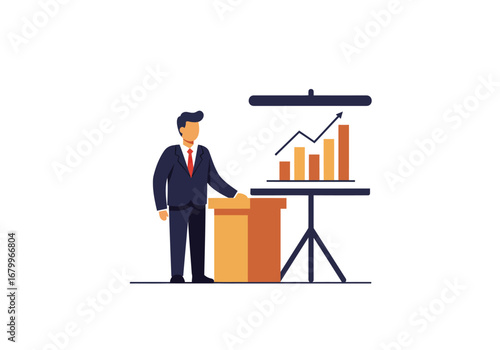 Presenter at podium with upward trending graph projection