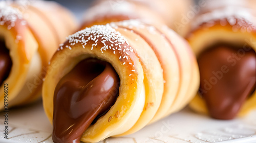 Chocolate Cream Horns: A tantalizing close-up captures the irresistible allure of chocolate cream horns, featuring perfectly crafted pastry shells filled with rich, flowing chocolate cream.