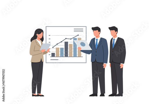 Three figures in business attire discussing data charts