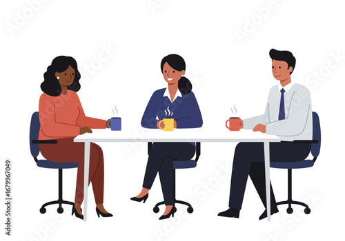 Three people at a table drinking coffee seated on chairs