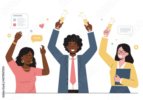 Three people celebrating with raised arms and champagne flutes speech bubbles above