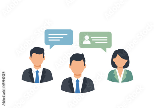 Three people converse with speech bubbles two men in suits one woman in a business suit