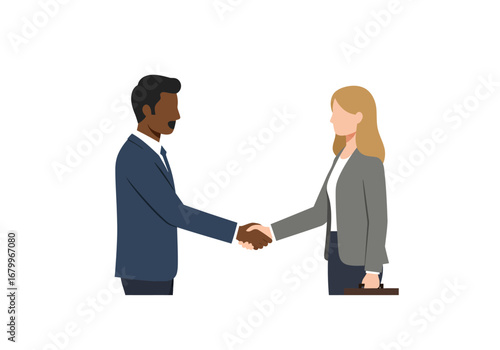 Two business professionals of different races shake hands