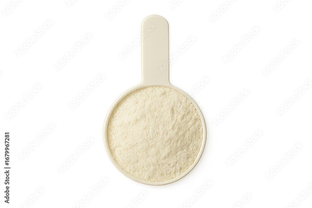 Fototapeta premium Plastic Measuring Scoop Containing Vanilla Protein Powder on Transparent Background