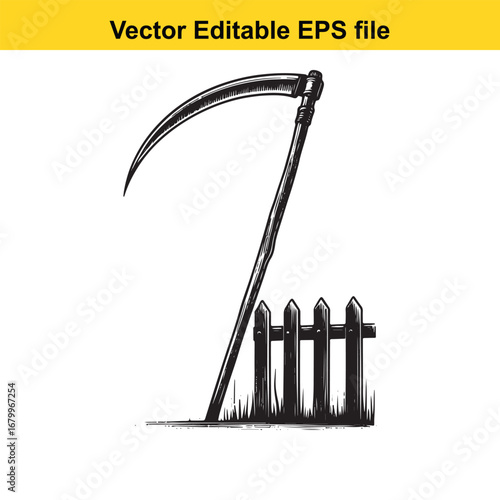 Grim reapers scythe leaning against a wooden fence, isolated on white background