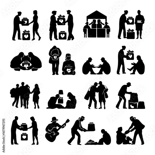 Silhouettes depict acts of charity: people donating gifts, helping the homeless, and offering assistance in various scenarios.