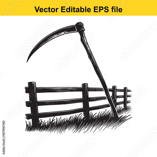 Scary scythe leaning on a wooden fence in a field with grass