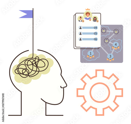 Head with tangled lines symbolizing thoughts, ranking list, point map, and gear. Ideal for productivity, strategy, planning, brainstorming decision-making teamwork workflow. Simple flat metaphor