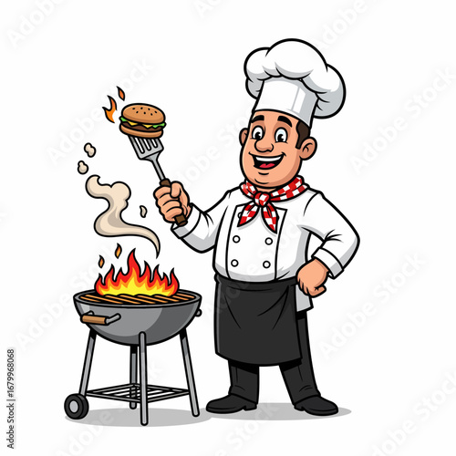Cartoon chef smiles while flipping a burger over a flaming grill, wearing a chef's hat and apron.