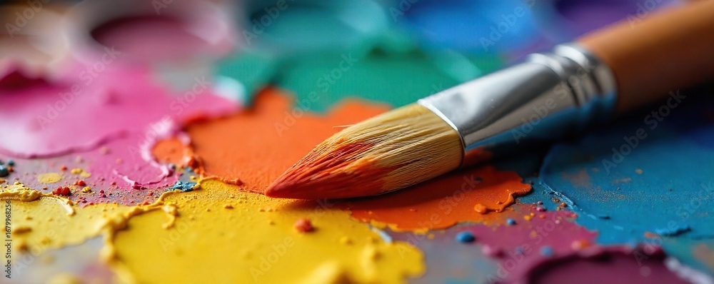 Obraz premium Close-up of a paintbrush resting on a palette of vibrant, mixed paints The bristles are soft and slightly splayed, ready for the next stroke of artistic expression , art, painting tools, brush