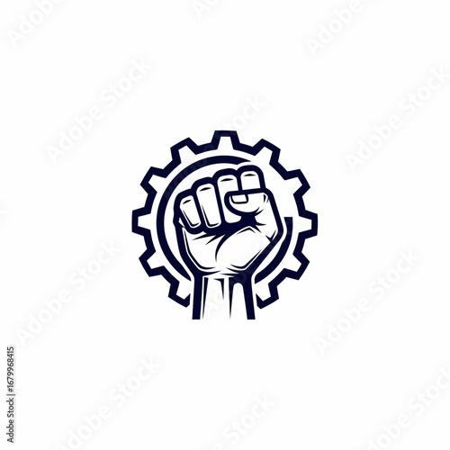 A clenched fist within a gear, symbolizing industrial strength and empowerment.